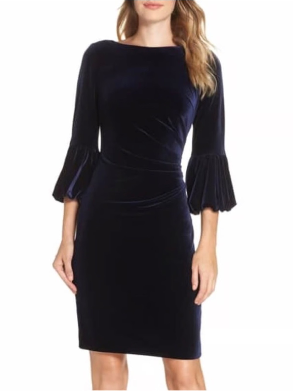 Eliza J Midnight Navy 3/4 Bell Sleeve Velvet Sheath Dress